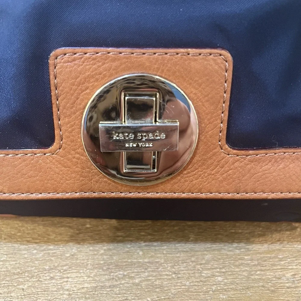 Kate Spade NY Navy Nylon Satchel Brown‎ Leather Trim Mini Bowler Top Handle Bag